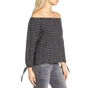 Madewell Size Small Plaid Off The Shoulder Top Cotton Black NWT